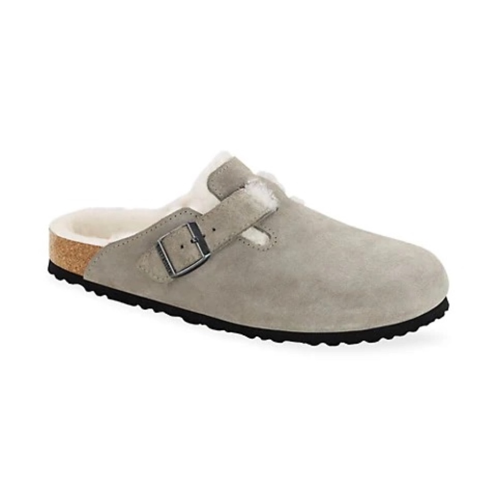 BIRKENSTOCK Boston Genuine Shearling Lined Clog in Stone Coin Suede Size 7-7.5US - Picture 2 of 16
